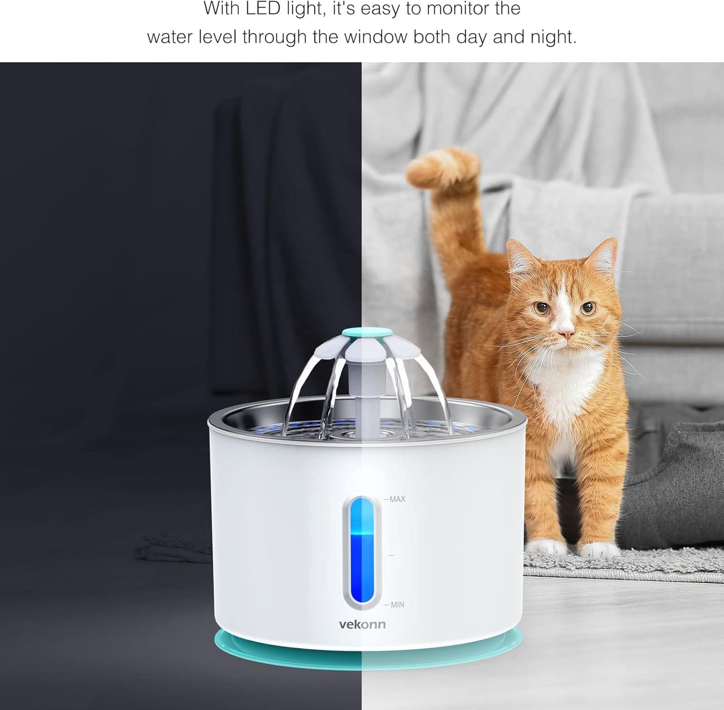 2.4L/84Oz Cat Water Fountain Stainless Steel Top, Pet Water Fountain for Small Dog and Cat with LED Light and Water Level Window (Green)