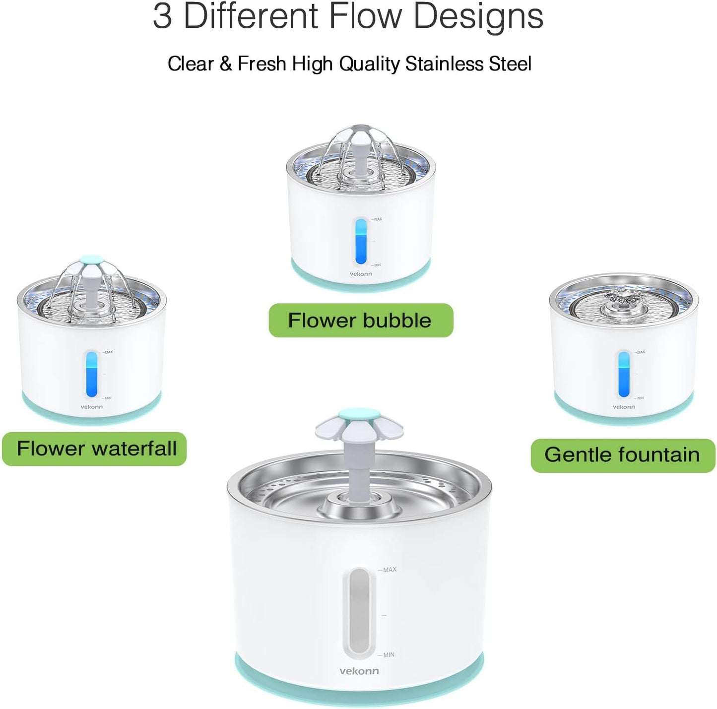 2.4L/84Oz Cat Water Fountain Stainless Steel Top, Pet Water Fountain for Small Dog and Cat with LED Light and Water Level Window (Green)