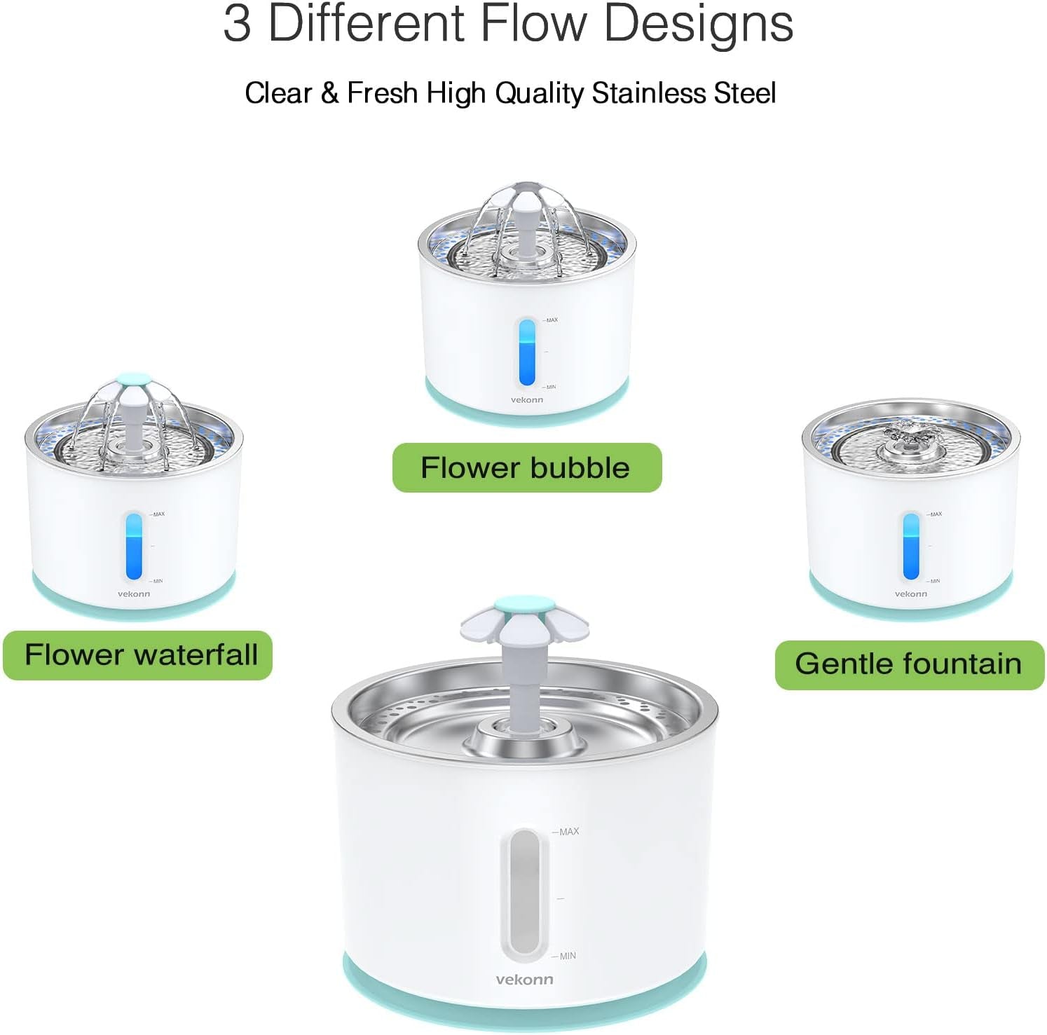2.4L/84Oz Cat Water Fountain Stainless Steel Top, Pet Water Fountain for Small Dog and Cat with LED Light and Water Level Window (Green)