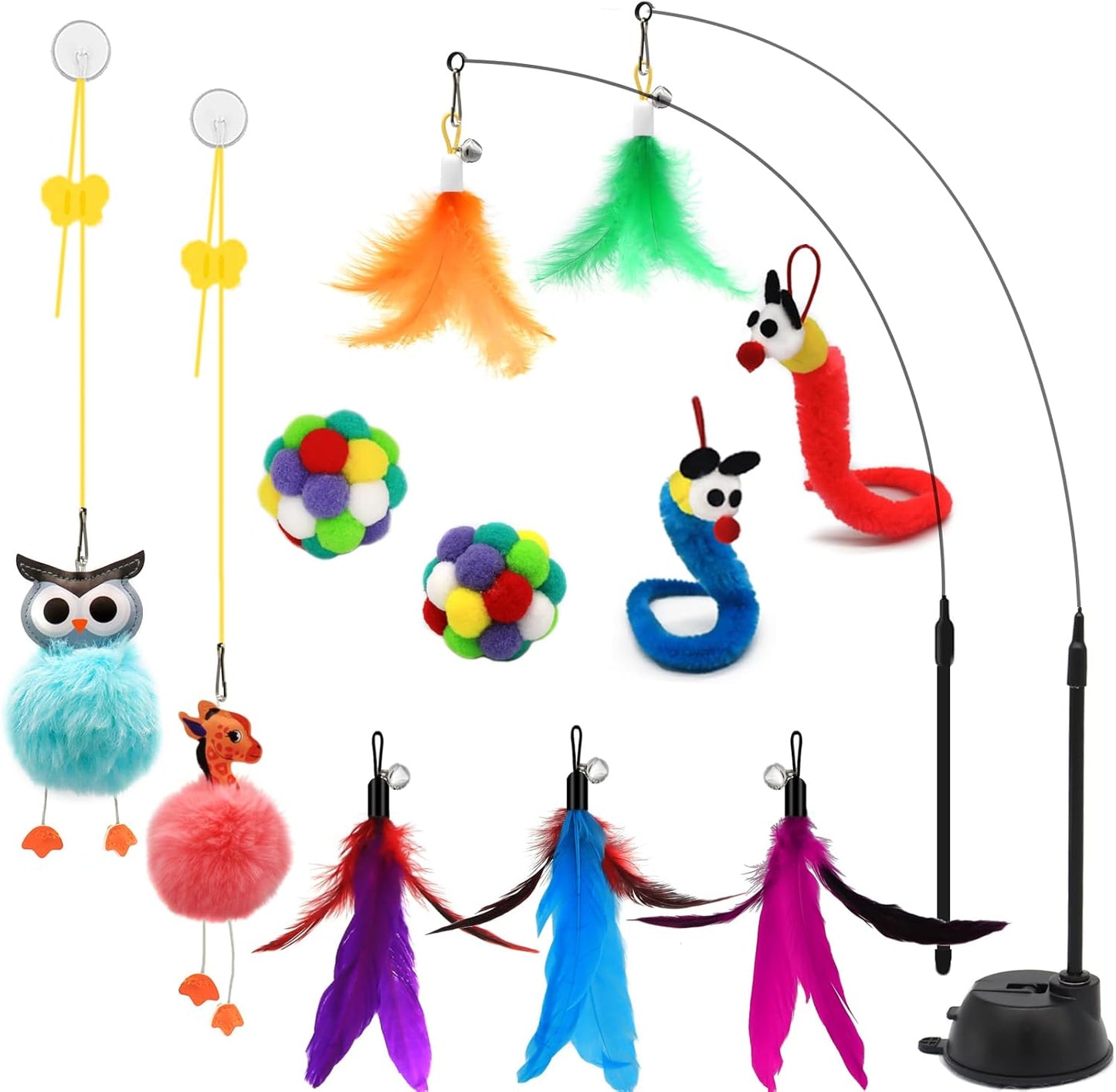 The Ultimate 4-in-1 Cat Play Kit: Suction Cup Wand, Fishing Pole & Interactive Feather Refills