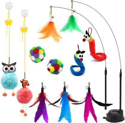 The Ultimate 4-in-1 Cat Play Kit: Suction Cup Wand, Fishing Pole & Interactive Feather Refills