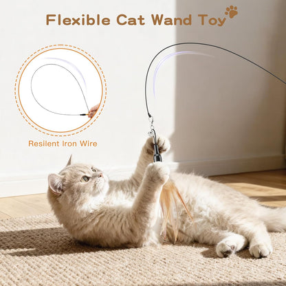 Feather Teaser Cat Toy - Interactive Wand with Extra Long 34.5" Wand and Small Bell, Fun Exerciser Playing Toy for Kittens or Cats, Brown Feather