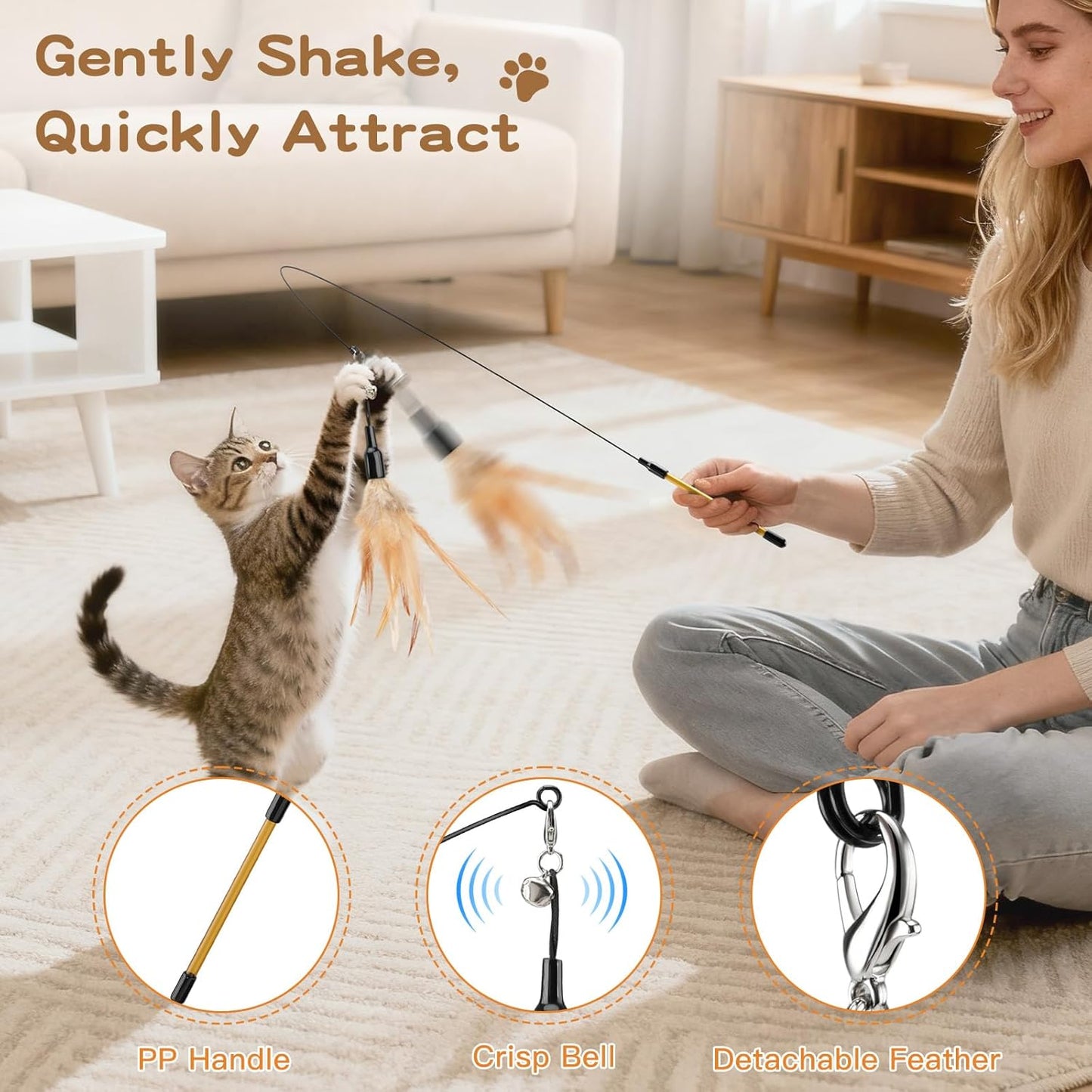 Feather Teaser Cat Toy - Interactive Wand with Extra Long 34.5" Wand and Small Bell, Fun Exerciser Playing Toy for Kittens or Cats, Brown Feather