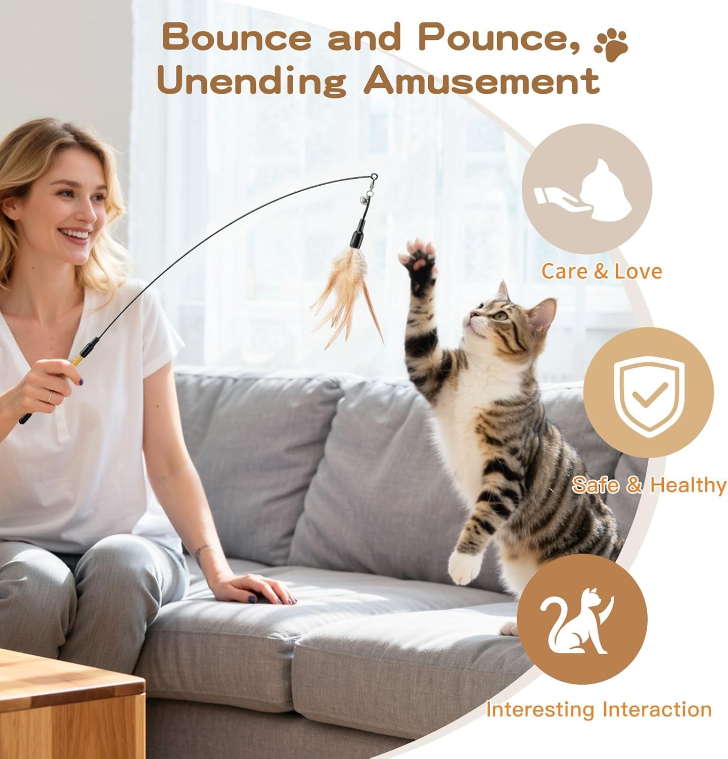 Feather Teaser Cat Toy - Interactive Wand with Extra Long 34.5" Wand and Small Bell, Fun Exerciser Playing Toy for Kittens or Cats, Brown Feather