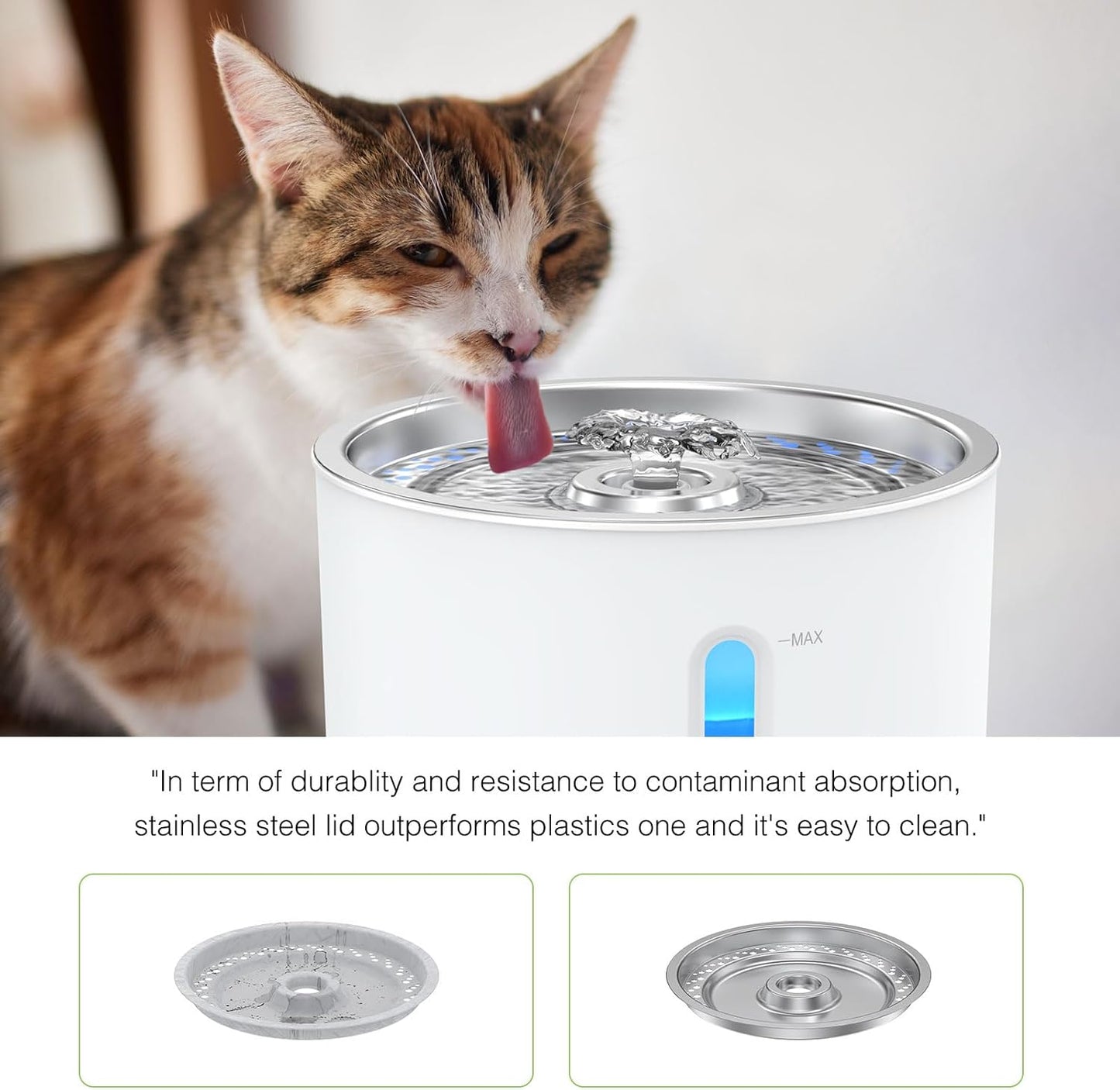 2.4L/84Oz Cat Water Fountain Stainless Steel Top, Pet Water Fountain for Small Dog and Cat with LED Light and Water Level Window (Green)