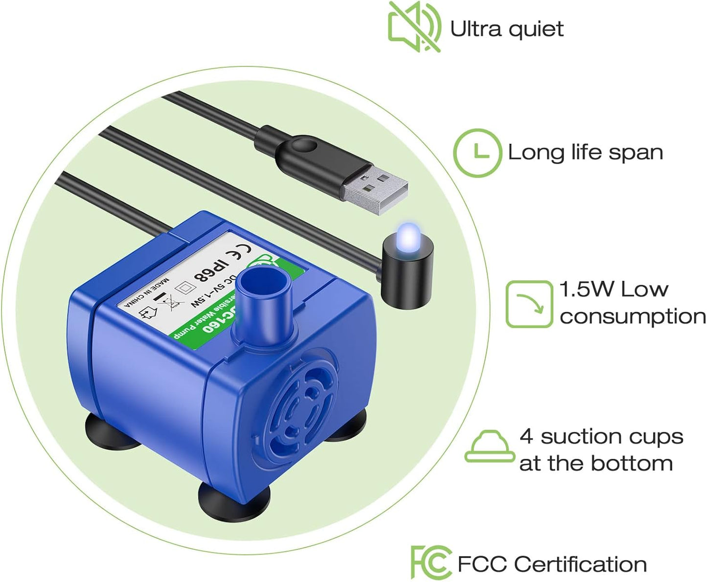 2.4L/84Oz Cat Water Fountain Stainless Steel Top, Pet Water Fountain for Small Dog and Cat with LED Light and Water Level Window (Green)